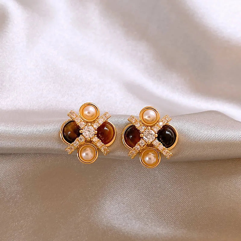 2025 New Design Natural Tiger Eye Stone Micro inlaid Zircon Geometric Earrings for Women's Trendy Jewelry Luxury Accessories