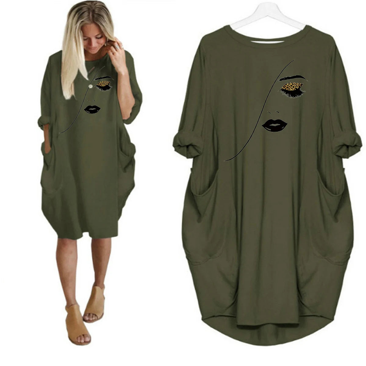 Women's Spring and Summer Sketched Portrait Pattern Printed Casual Fashion Loose Large Size Long Sleeve Pocket Dress