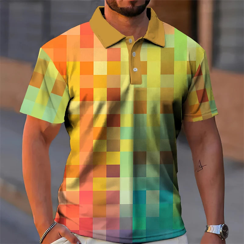Essential Summer Stripes Polo Shirt Men 3D Print Colors Plaid Button Lapel Golf Shirts Harajuku Streetwear Casual Fashion Tee