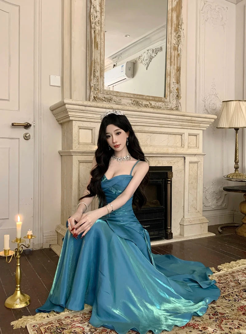 Sexy Solid Spaghetti Strap Sleeveless Evening Dresses Elegant Ruffles Party Long Dress For Women Summer Slim Beach New Vestidos