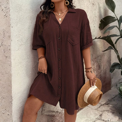 New Women'S Fashion Casual Solid Color Buttoned Mid-Length Short Sleeve Loose Dress Vestidos Para Mujer Ropa De Mujer 신상원피스