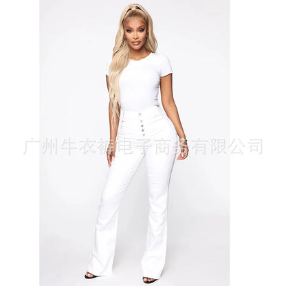 Europe and The United States Slim High Waist Breasted Jeans, Women's Spring and Autumn Fashion Wash Slightly Flared Pants Jeans