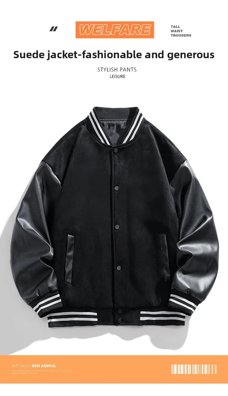 American Retro Suede Baseball Jacket Men's Spring Autumn Casual Leather Sleeve Outerwear JK819 Public Version Couple's Style