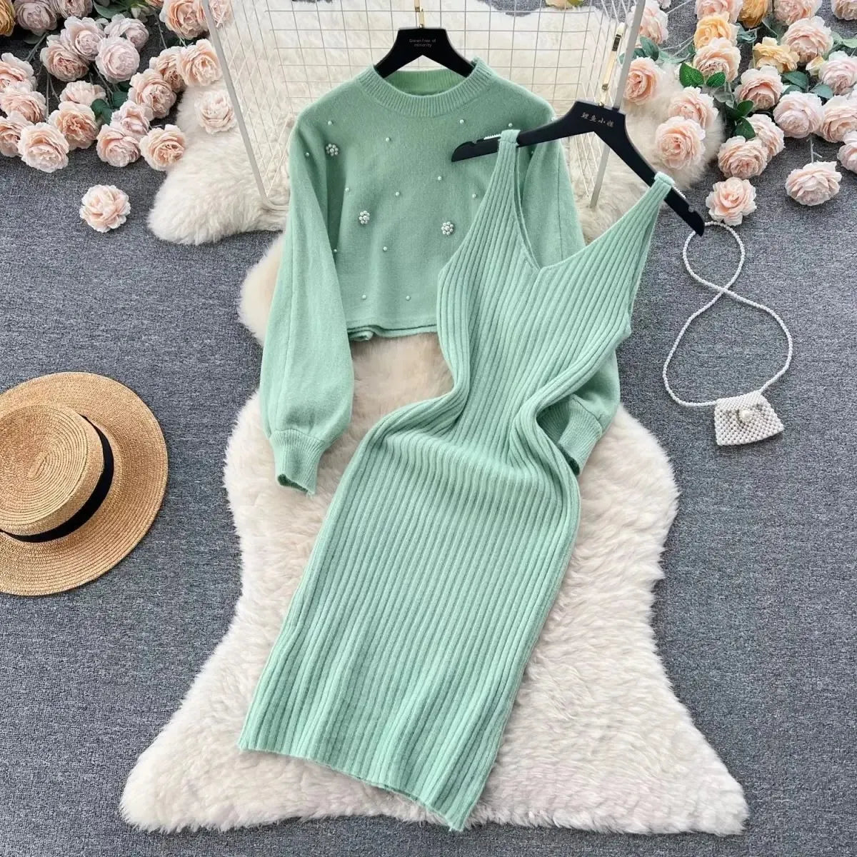 Autumn Winter Slimming Knitted Sweater Dress Set Women's Mid-Length Base Layer Knee-Over Bottoming Dresses Fashionable