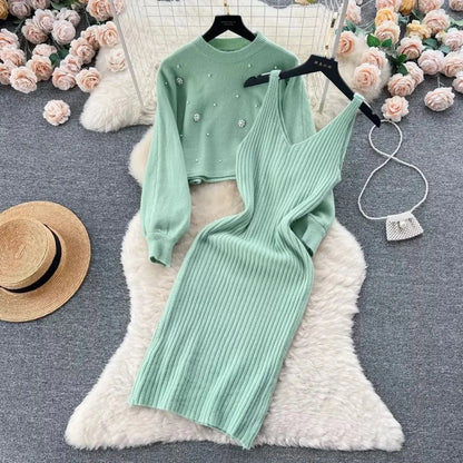Autumn Winter Slimming Knitted Sweater Dress Set Women's Mid-Length Base Layer Knee-Over Bottoming Dresses Fashionable