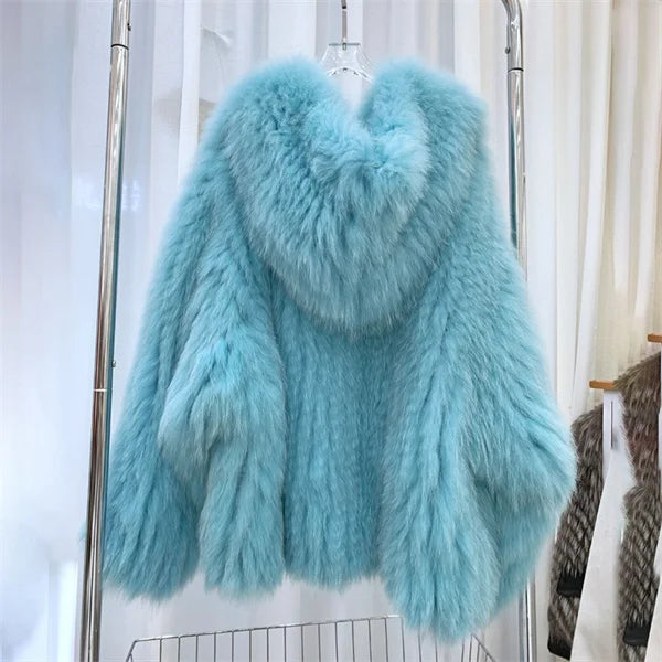 Fox Fur Coat Women's Winter Fashion Warm 100% Fox Fur Coat Hooded Long Sleeved Sweet Women's Luxury Designer Coat