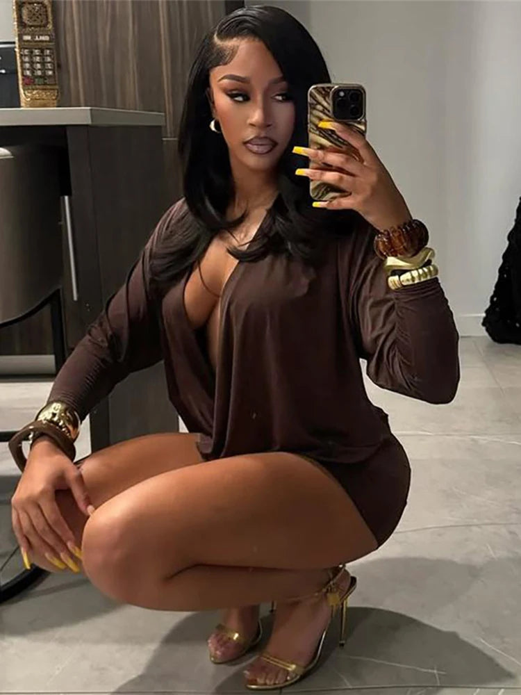 Sisterlinda Women's Elegant Deep V-Neck Mini Dress Full Sleeve Skinny Peach Hip Midnight Club Party Sexy Fashion Solid Bodycon