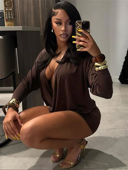 Sisterlinda Women's Elegant Deep V-Neck Mini Dress Full Sleeve Skinny Peach Hip Midnight Club Party Sexy Fashion Solid Bodycon