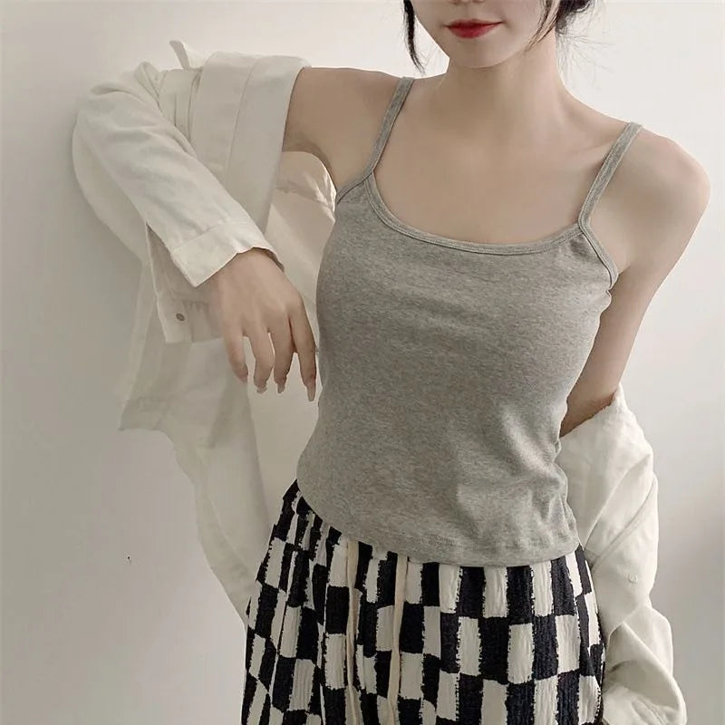 Women's Solid Color Spaghetti Straps Sleeveless Slim Camisole with Chest Pad Cotton Summer Wear Outside Female Short Tops Vests