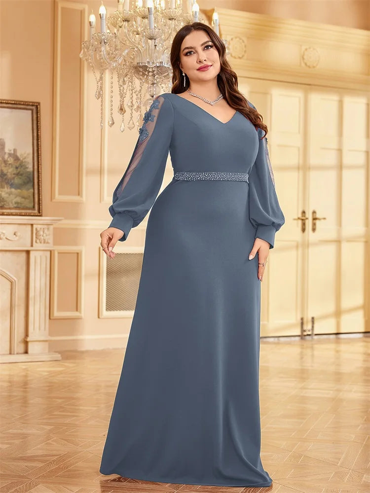 XUIBOL Plus Size Elegant Blue Applique Evening Dress 2026 Women Formal Maxi Prom Long Sleeves Party Dress Luxury Cocktail Prom