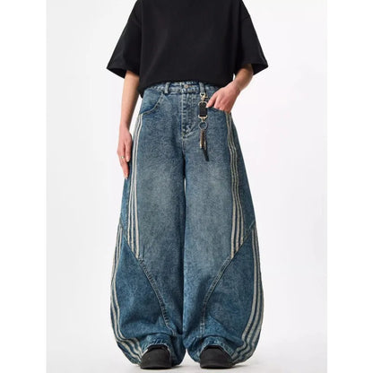 Y2K Custom Women Jeans Vintage Reconstruction Denim Pants Wide Leg With Distressed Wash And Stripe Details