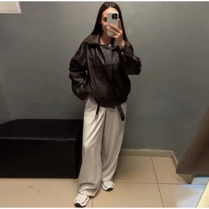 Vintage Zippers Short Leather Jackets Women's Casual Lapel Button Pockets Full Sleeve Coat 2025 Autumn New Lady Chic Streetwear