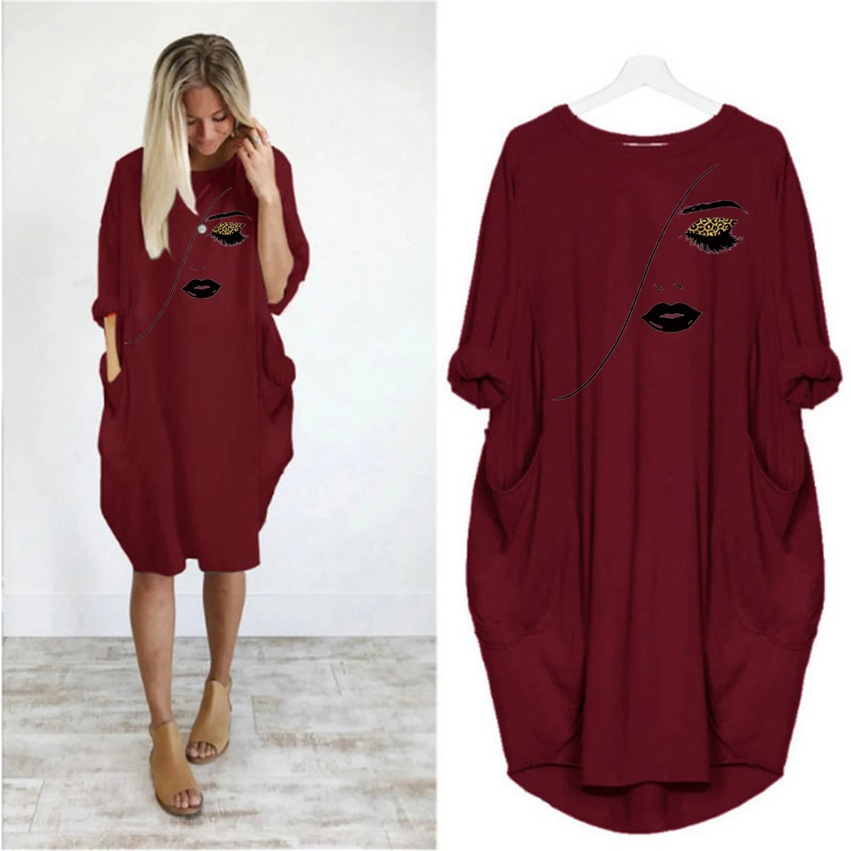 Women's Spring and Summer Sketched Portrait Pattern Printed Casual Fashion Loose Large Size Long Sleeve Pocket Dress