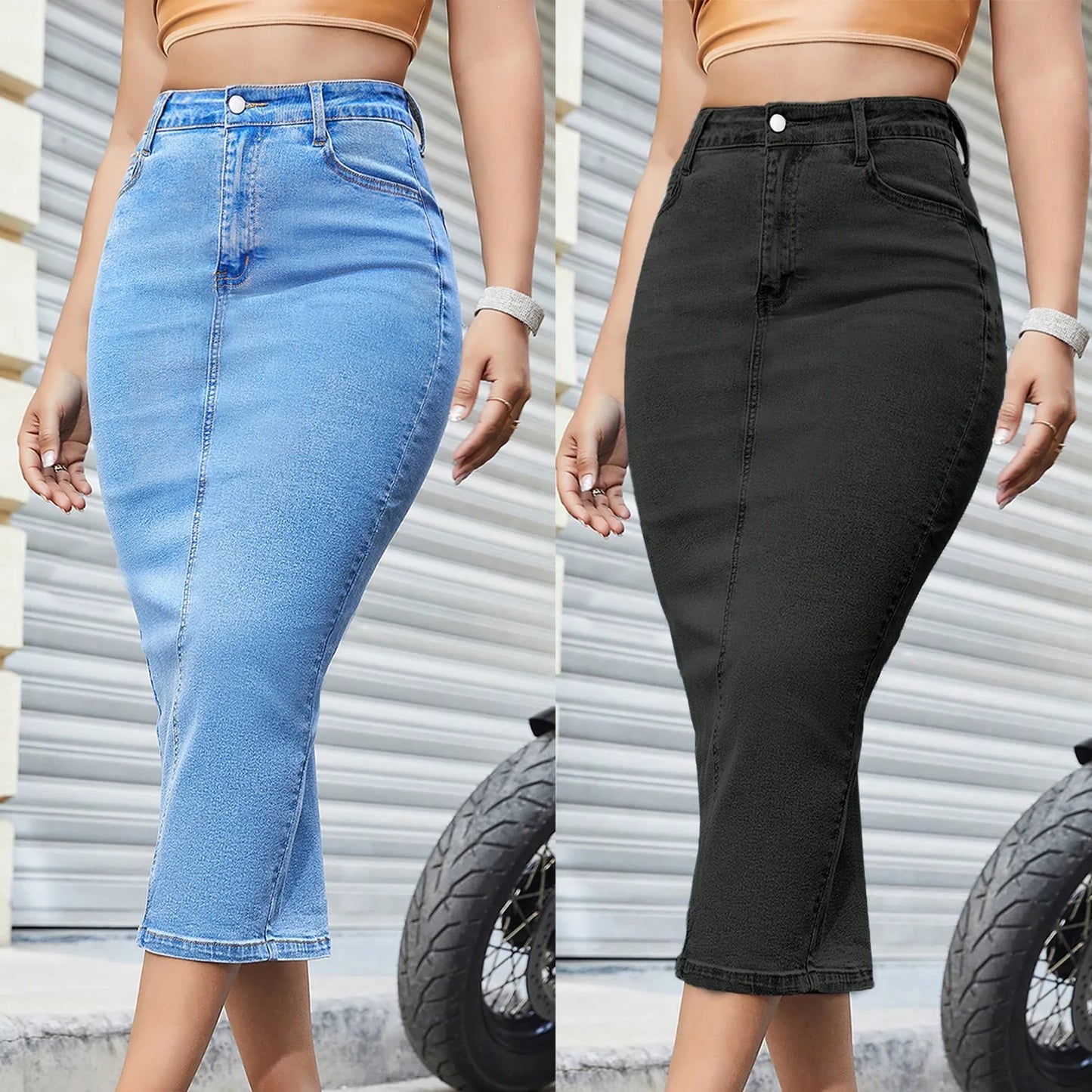 Women's High Waist Denim Hip Hugging Slim Fit Back Slit Skirt With Pockets Elegant Long Denim Skirts Summer Fashion Long Skirt
