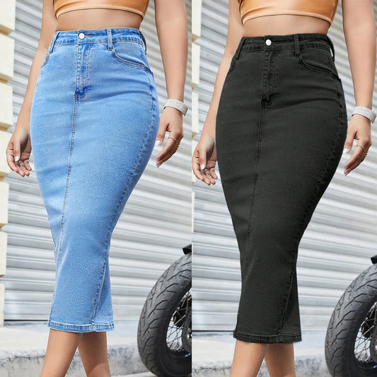 Women's High Waist Denim Hip Hugging Slim Fit Back Slit Skirt With Pockets Elegant Long Denim Skirts Summer Fashion Long Skirt