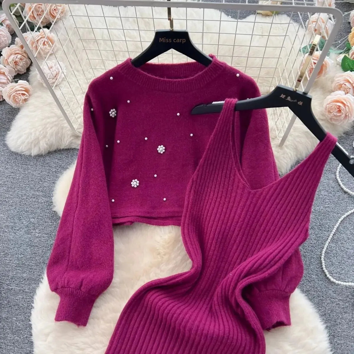 Autumn Winter Slimming Knitted Sweater Dress Set Women's Mid-Length Base Layer Knee-Over Bottoming Dresses Fashionable