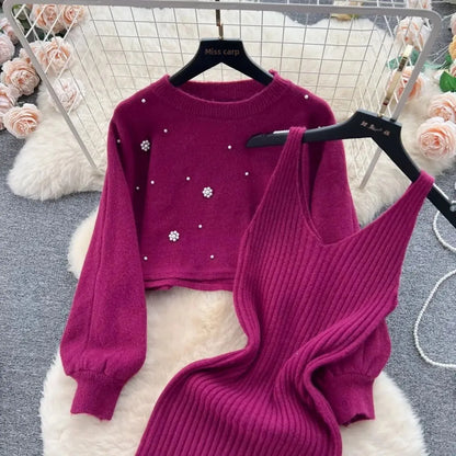 Autumn Winter Slimming Knitted Sweater Dress Set Women's Mid-Length Base Layer Knee-Over Bottoming Dresses Fashionable