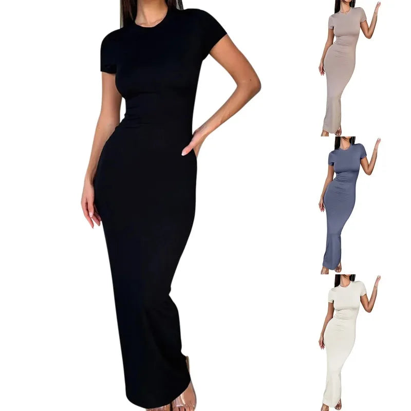 Sexy Skinny Women's Bodycon Party Dress Fashion O-neck Short Sleeve Solid Color Wraped Hip Package Long Dress Female Sexy Dress