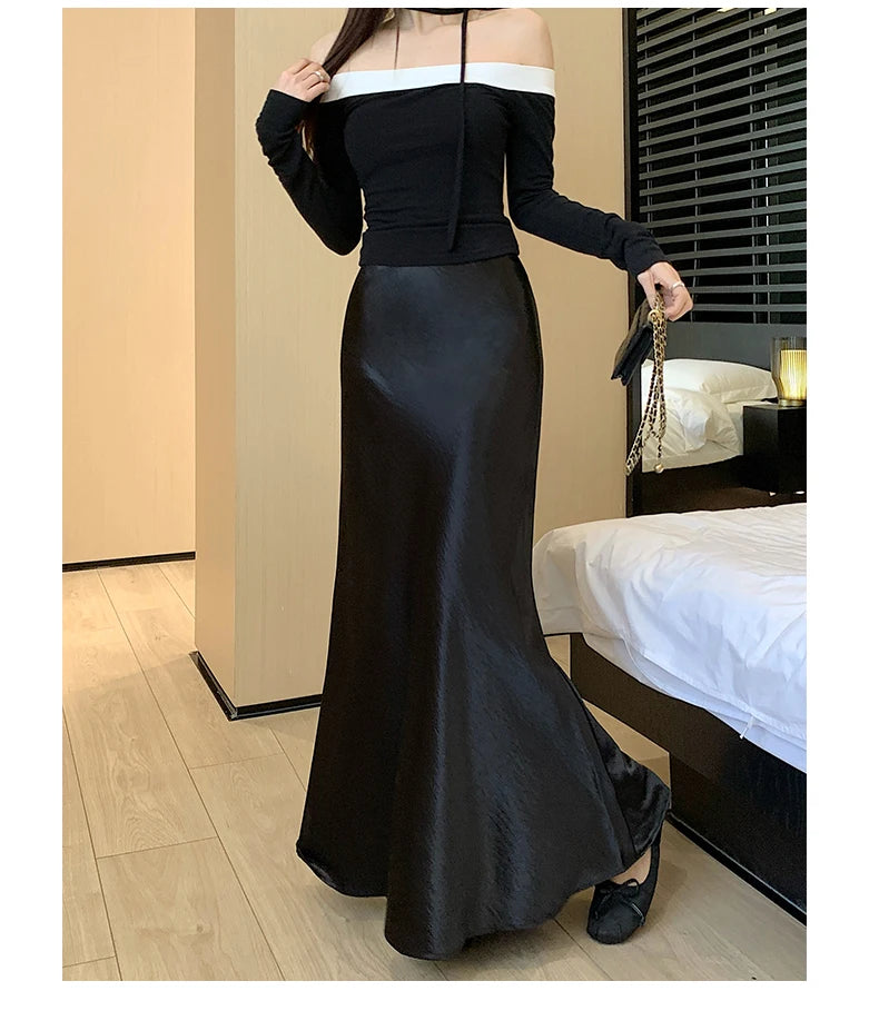 High Waist Elegant Satin Women's Mermaid Long Skirts 2026 New Autumn Solid Slim Korean A-line Wrap Fishtail Skirts Female