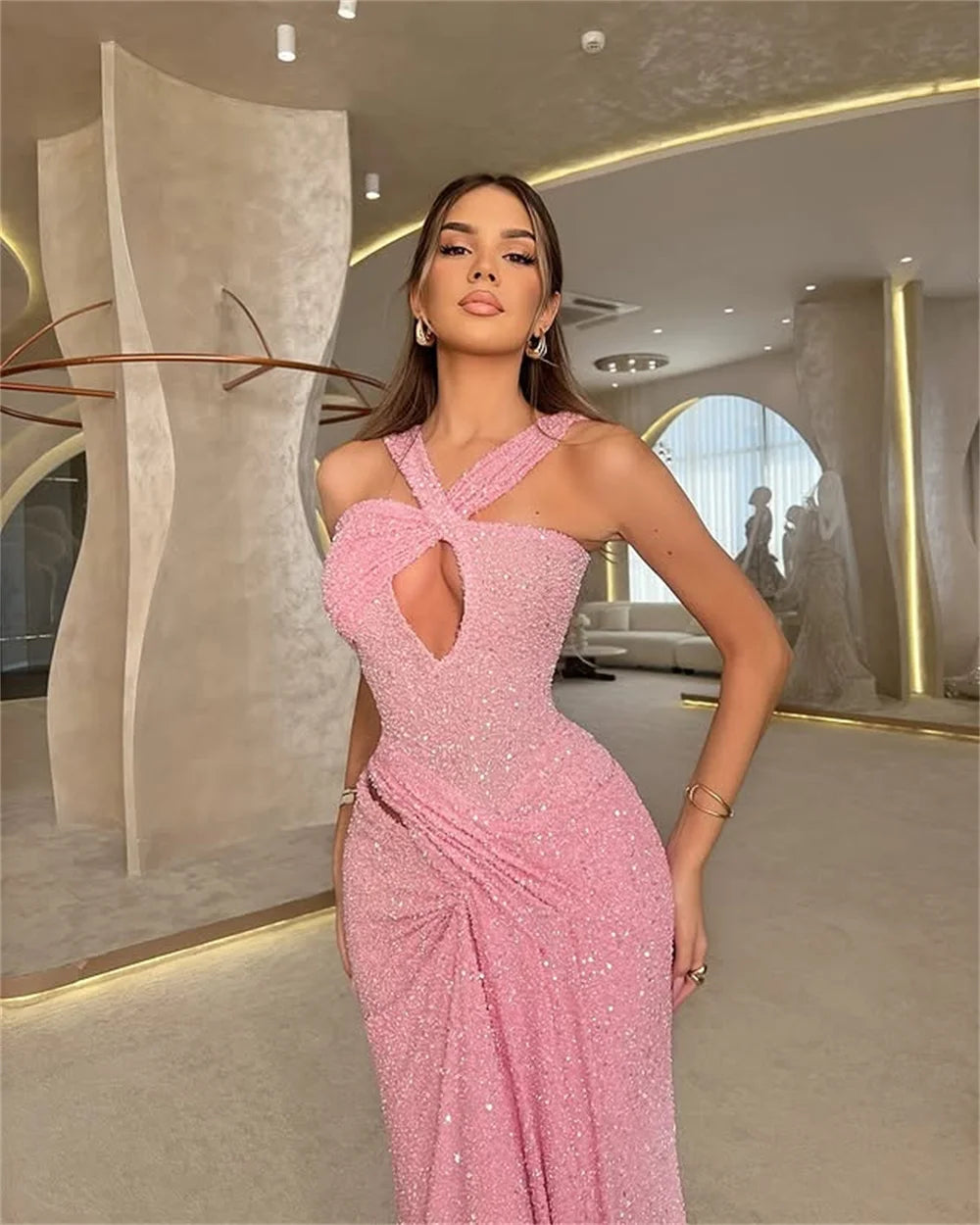 Mila Halter Neck Mermaid Prom Dresses Cut-out Sleeveless Evening Dresses Floor-Length Shiny Sequins Customized Party Dresses