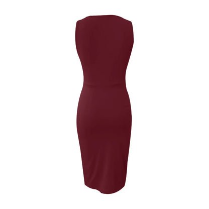 Summer Sexy Solid Sleeveless V-Neck Women Dress Hip Slim Fit Ruched Bodycon Skirt Fashion Simple Ladies Evening Party Dress