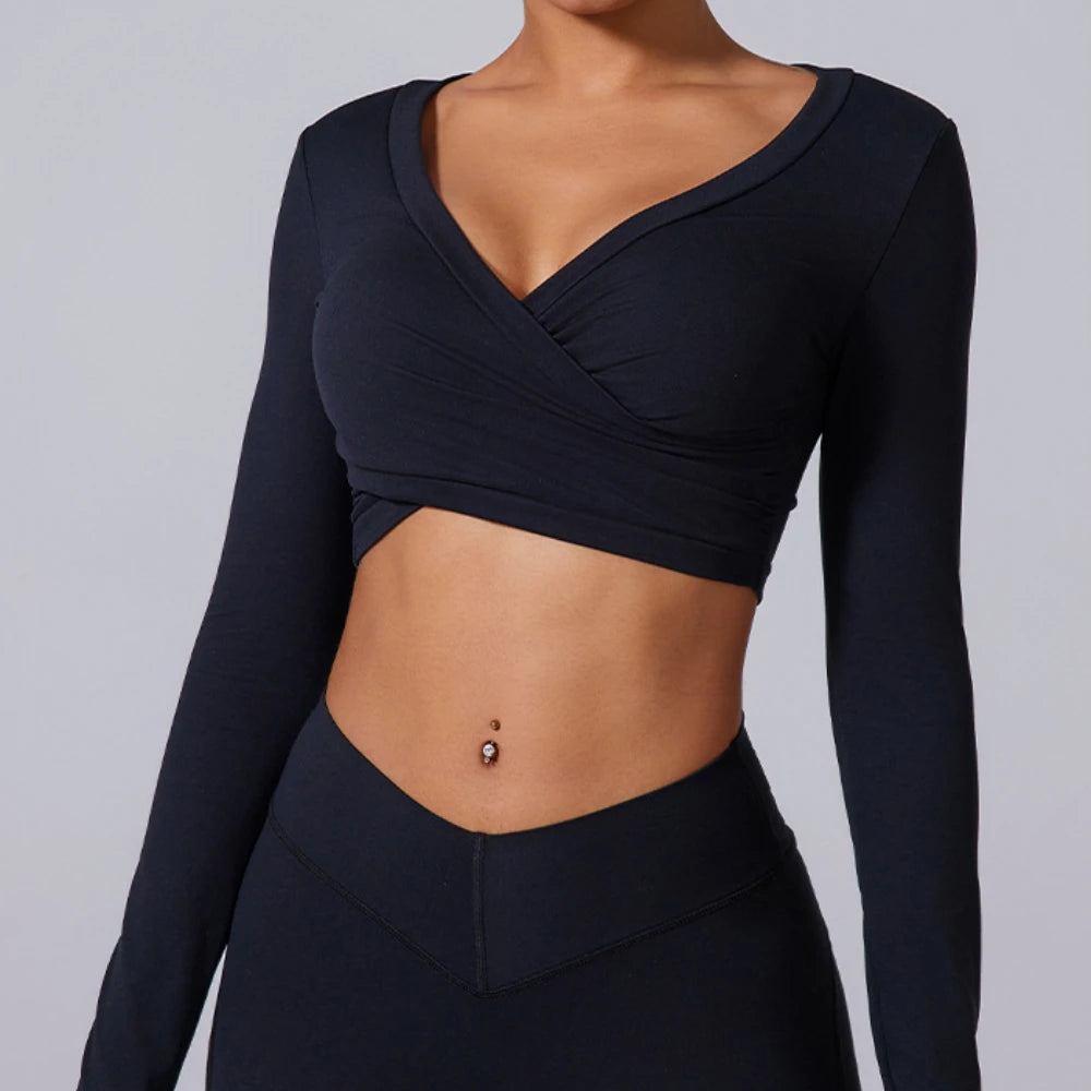 2 Pieces Wrap Front Gym Fitness Suit Women Long Sleeve Legging Workout Yoga Set Sports Bra Short Sports Clothes Tracksuit Female