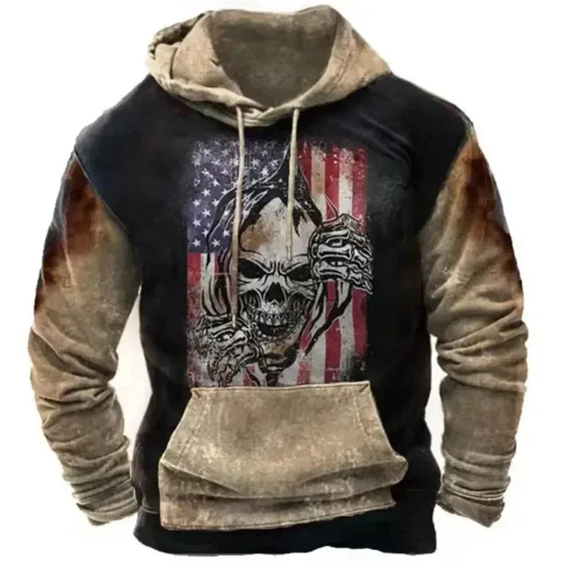 Fashionable American Flag Printed Men's Hoodie Trendy Harajuku Retro Clothing Spring and Autumn New Hoodie Sportswear
