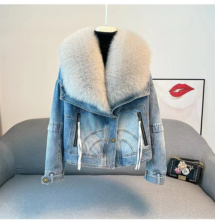 Womens Coats Spring New 100%Natural Real Fox Fur Collar Fashion Short Denim Jacket Luxury Goose Down Puffer Jackets Clothing