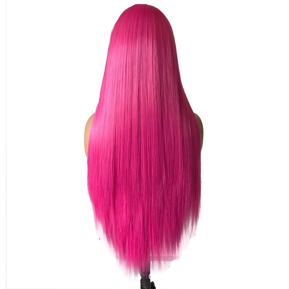 Rose Pink Straight Synthetic Lace Wig Glueless Wigs For Women Natural Hairline Daily Wear Long Pink  Wig Cosplay Part Front Hair