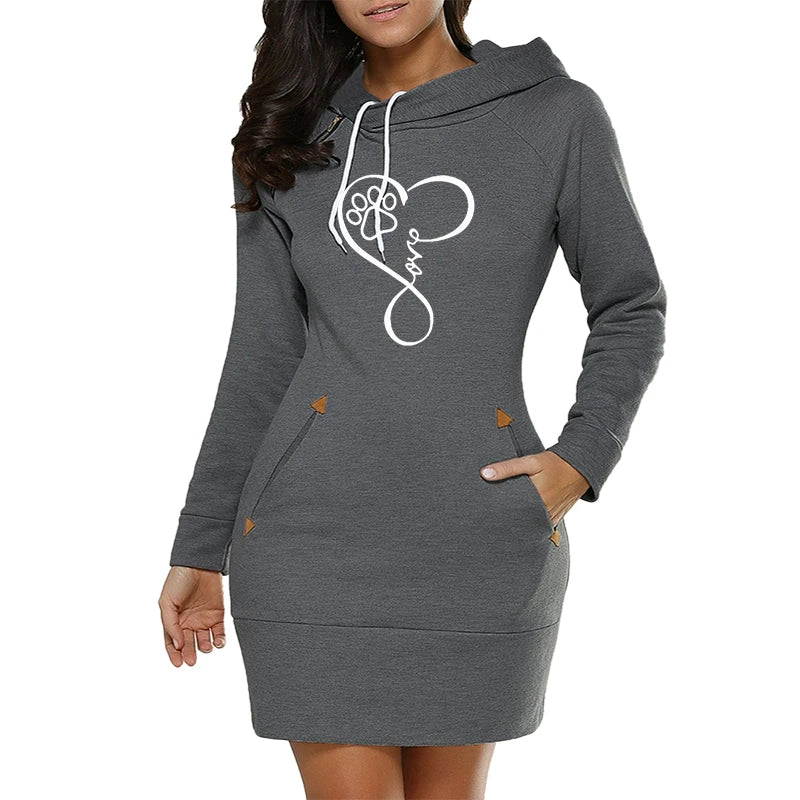 Womens Dress Neck Side Zipper Long Sleeve Hooded Sports Skirt Casual Printing Knee-Length Dress European Style Streetwear S-3XL