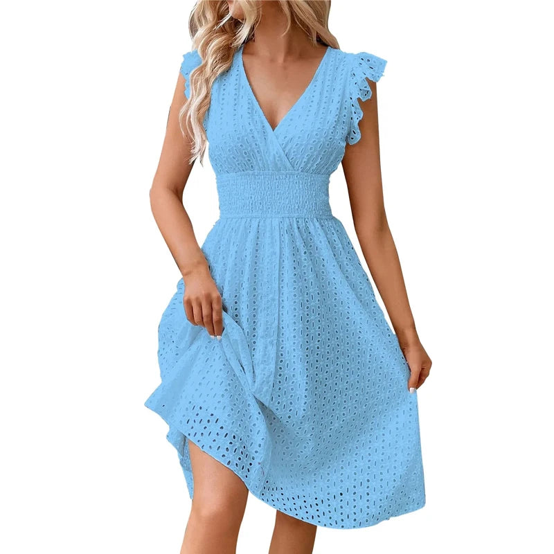 Summer Women V-Neck Beach Dress Flare Sleeve Solid Color Hollow Lace Waist Dress Casual Beach Holiday Dresses