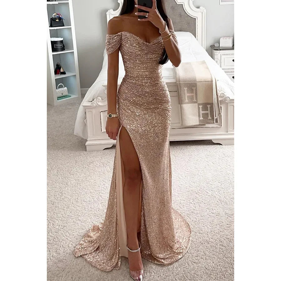 Women's S-XL Size New Party Sequins One line Neck Split Dress INS Casual Versatile Fashionable Charming Slimming Dress for Women
