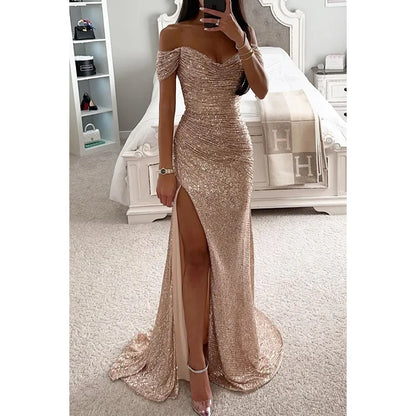 Women's S-XL Size New Party Sequins One line Neck Split Dress INS Casual Versatile Fashionable Charming Slimming Dress for Women