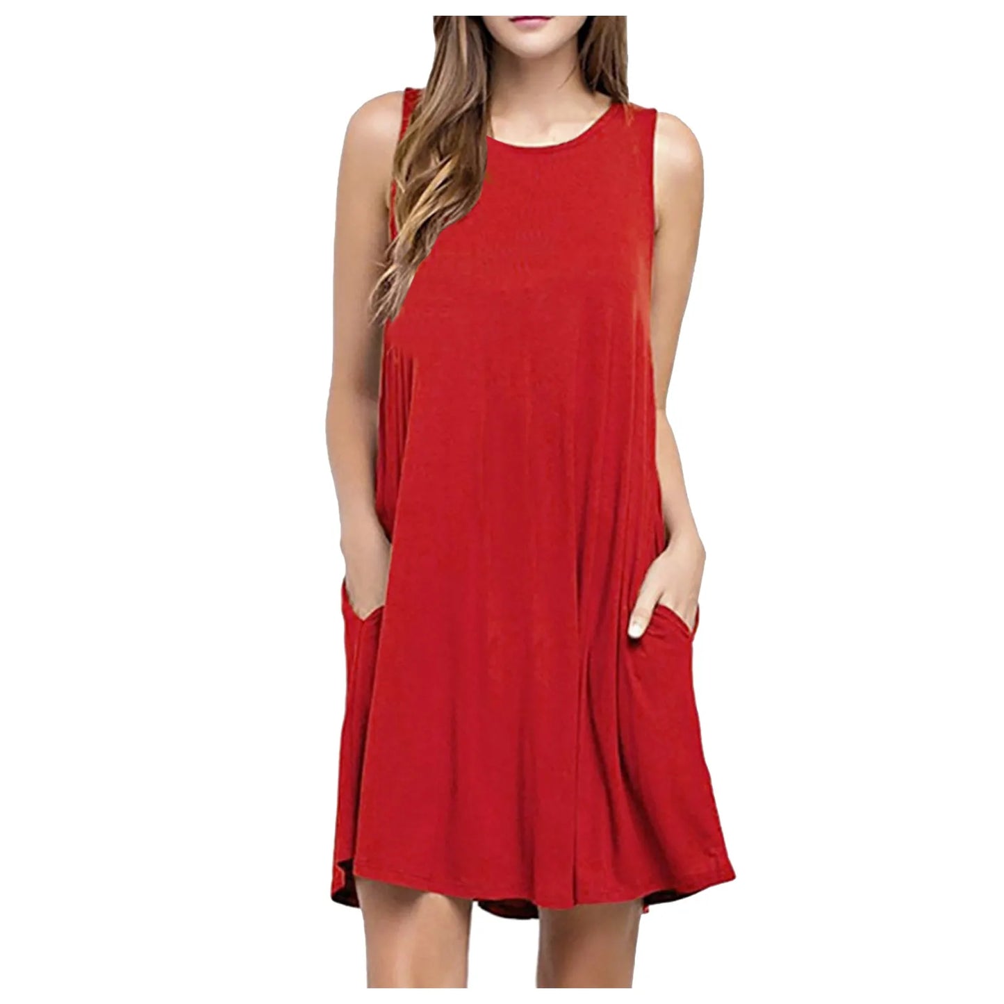 Women Summer Casual Dresses Beach Cover up Plain Pleated Tank Dress, Women Pockets Sleeveless Above Knee Dress Loose Party Dress
