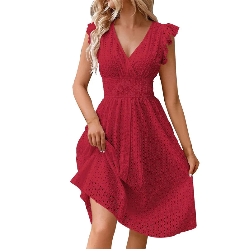 Summer Women V-Neck Beach Dress Flare Sleeve Solid Color Hollow Lace Waist Dress Casual Beach Holiday Dresses