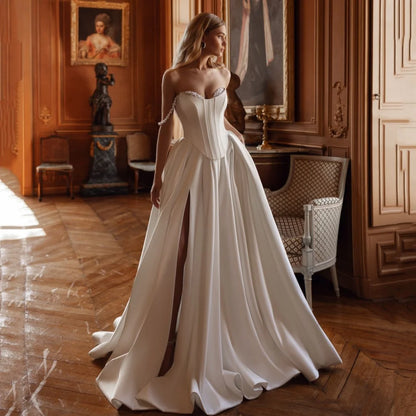 Classic Wedding Dresses Customized Elegant Off Shoulder Bride Dress Pearl Split A Line Lace Up Bridal Gowns New Vestido De Novia