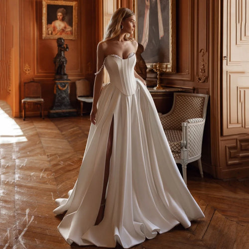 Classic Wedding Dresses Customized Elegant Off Shoulder Bride Dress Pearl Split A Line Lace Up Bridal Gowns New Vestido De Novia