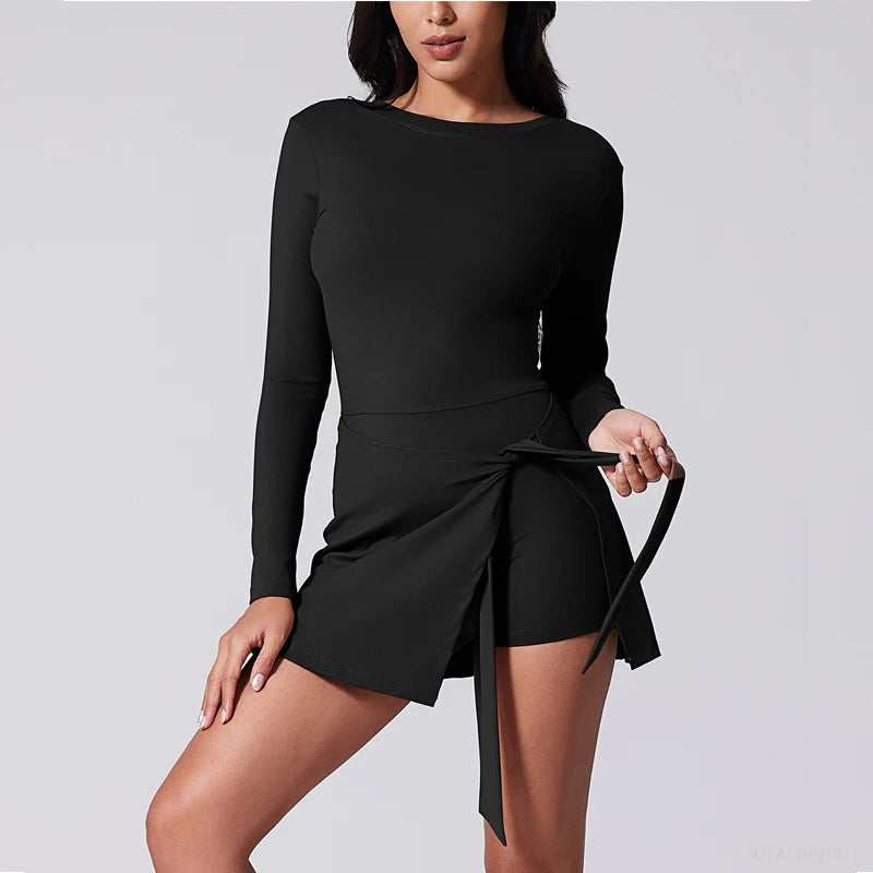 VITALINOVO Womens High Neck Tennis Dress Long Sleeve Sarong Wrap Skirt Built in Shorts Golf Athletic Dress Workout Rompers