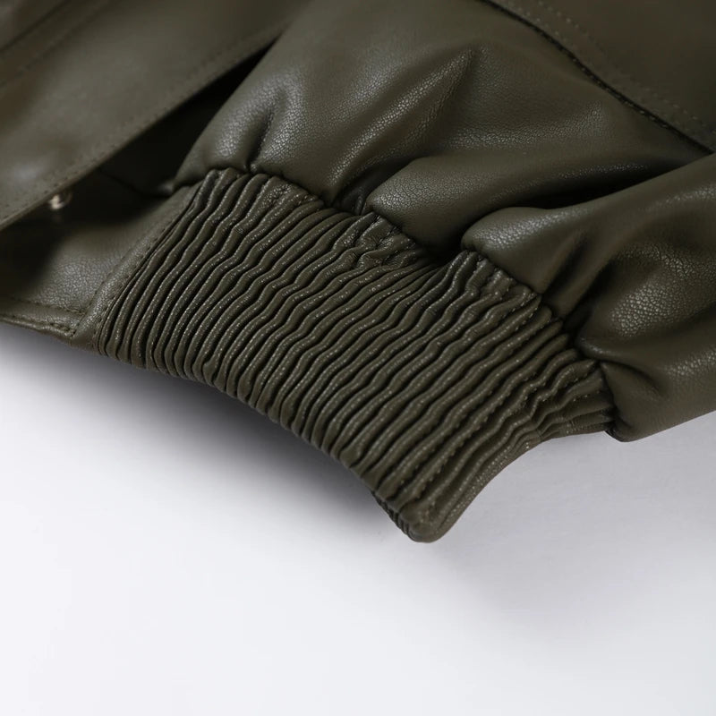 Vintage Zippers Short Leather Jackets Women's Casual Lapel Button Pockets Full Sleeve Coat 2025 Autumn New Lady Chic Streetwear