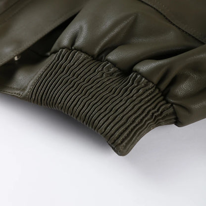 Vintage Zippers Short Leather Jackets Women's Casual Lapel Button Pockets Full Sleeve Coat 2025 Autumn New Lady Chic Streetwear