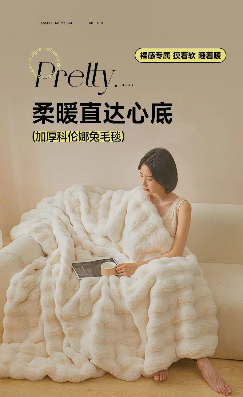 Ultra Soft Luxury Flffy Faux Rabbit Fur Blanket, Thick Winter Warm Throw Blankets, Plush Cozy Bubble Fleece Blankets Home Decor