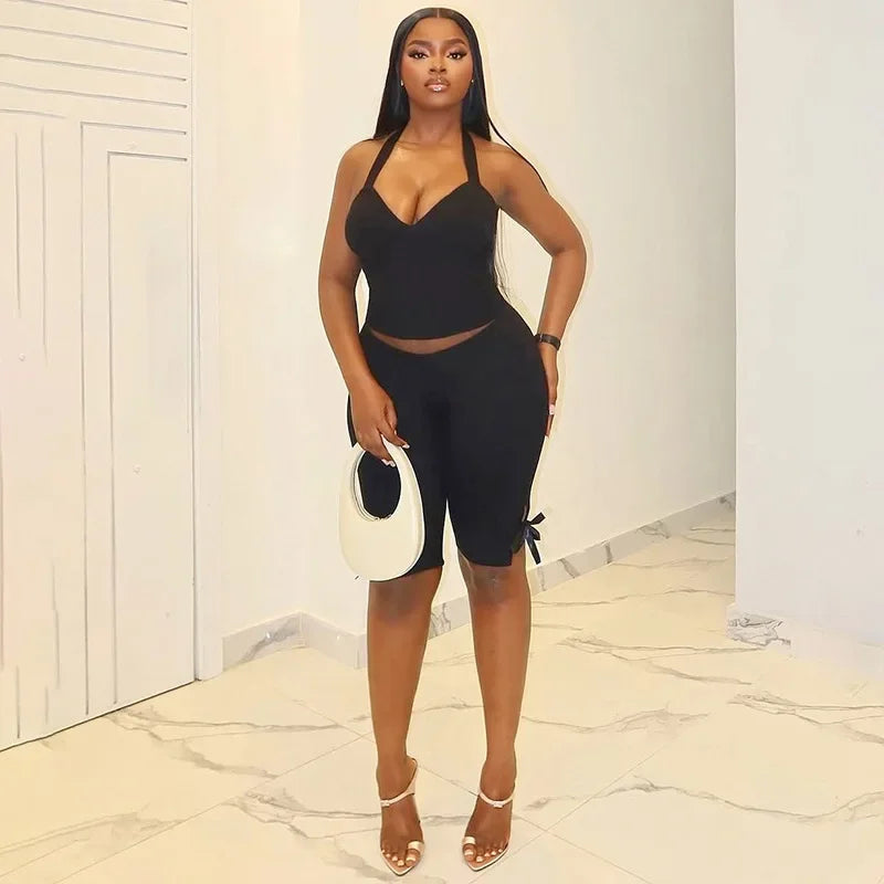 Women Solid Sexy 2 Piece Set Summer Tracksuits Lace Up Halter Backless Tank Crop Tops + Skinny Knee Length Pants Fitness Suits