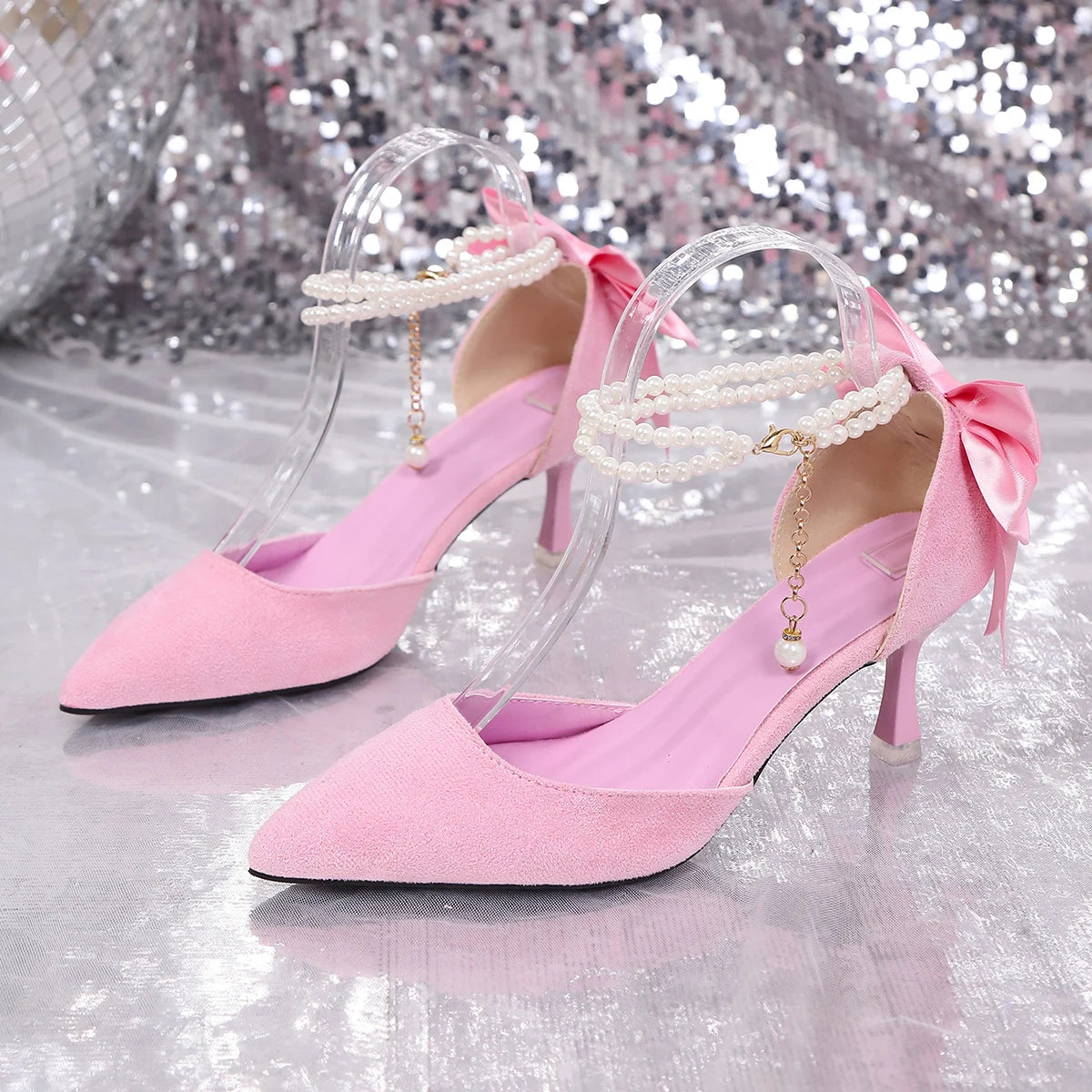 Elegant Pink High Heels Sandals for Women Bowtie Decor Pointed Toe Party Sandals Woman Pearl Ankle Buckle Thin Heeled Sandals