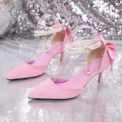 Elegant Pink High Heels Sandals for Women Bowtie Decor Pointed Toe Party Sandals Woman Pearl Ankle Buckle Thin Heeled Sandals