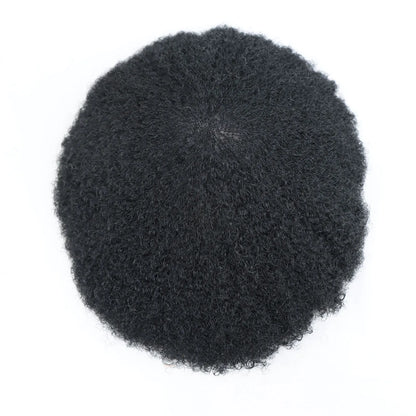 Men’s Toupee 6 Inch Human Hair Afro Curly Wig Full Lace Base 4mm Curls Natural Black 130% Density Breathable Replacement System
