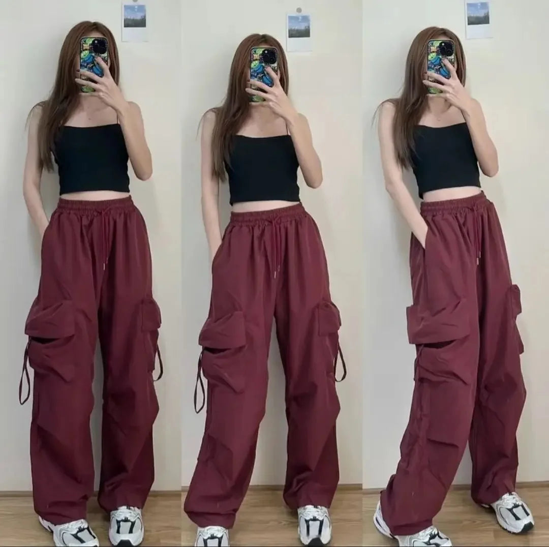 Loose Wide Leg Casual Pants Women's Workwear Trousers with Big Pockets Vintage Long Pants High Street Trend New 2025