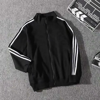 Spring Autumn New Three Bars Jacket Women's Thin Baseball Style Loose Bf Trendy Black Coat for Students Casual Outerwear