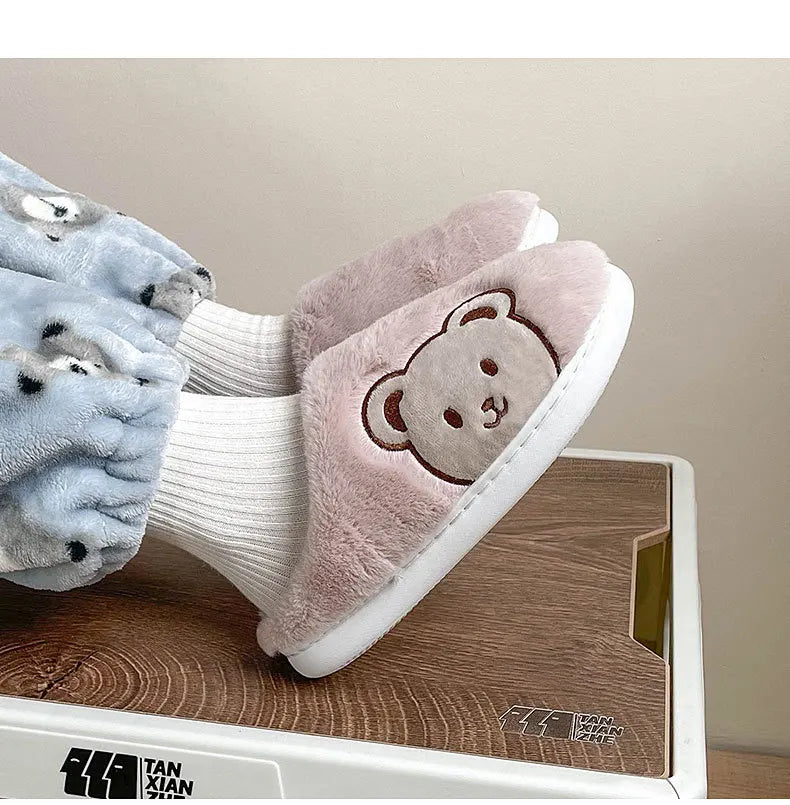 Bear Plush Slippers For Women Men Fashion Kawaii Fluffy Winter Warm Slippers Lovers Cartoon Teddy Bear House Shoes TG03