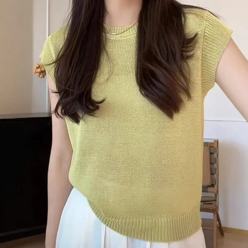 Korean Style Ice Silk Knitted Short Sleeve T-Shirt Women Summer Slim Fit Short Fashionable Top Crew Neck Solid Color