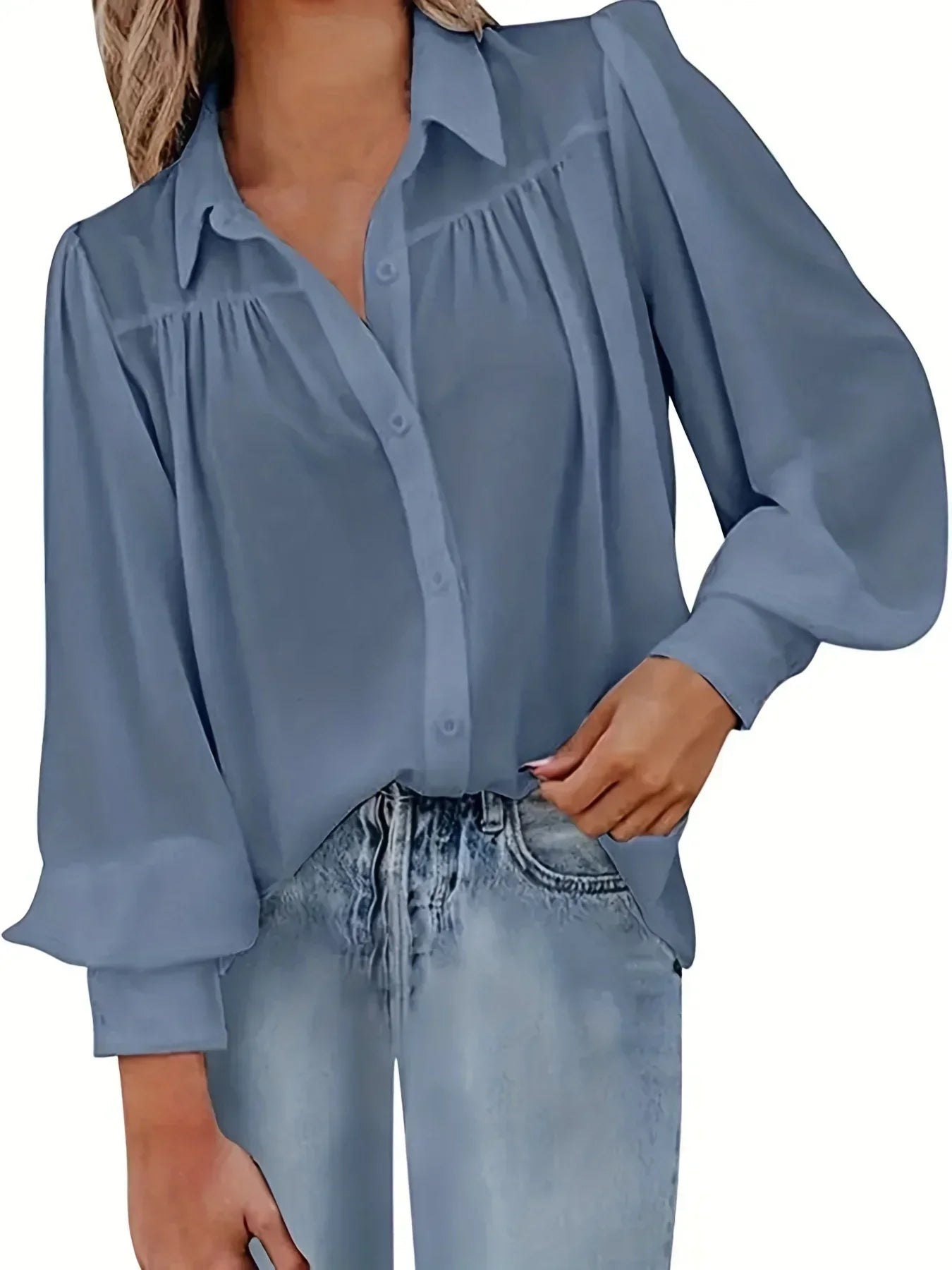 Women Fashion Plus Size 1XL-5XL Basic Blouse Ladoes Solid Button Up Lantern Sleeve Turn Down Collar Blouse Shirt